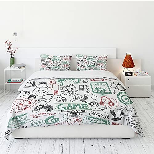 Game Comforter Sets for Boys Teen Twin Size,Kids Video Games Bedding Set Sketch Style Athletic Racing Game Design Bedroom Home Decor