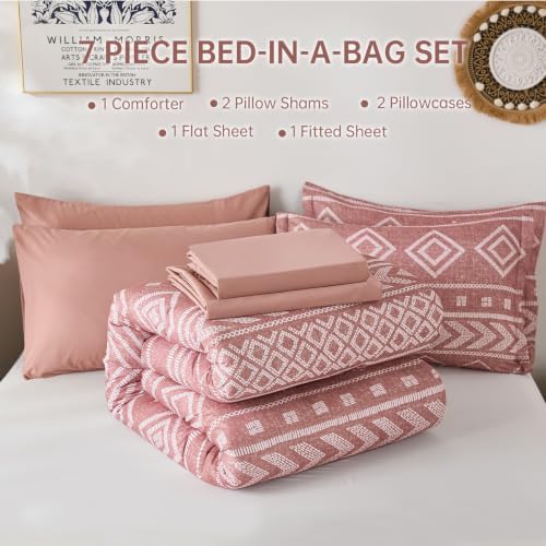 Yiran Boho Comforter Set Queen Size, 7 Pieces Aztec Blush Bed in a Bag