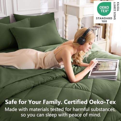 CozyLux King Comforter Set 102"x90" Olive Green - 7 Piece Bed in a Bag