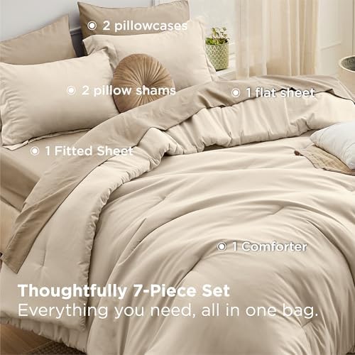 Bedsure Queen Bed in a Bag Light Beige Comforter Set Dual-Tone 7 Pieces