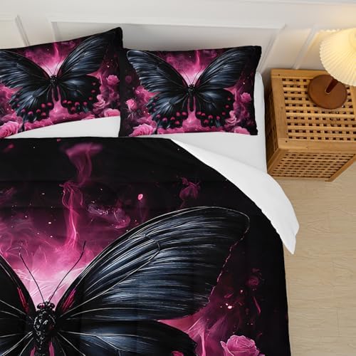 Black Butterfly Comforter Set Queen Size,Pink Rose Bedding Set Queen,with 1 Comforter with 2 Pillow Case,Gothic Butterfly Room Decor for Girls Bedroom