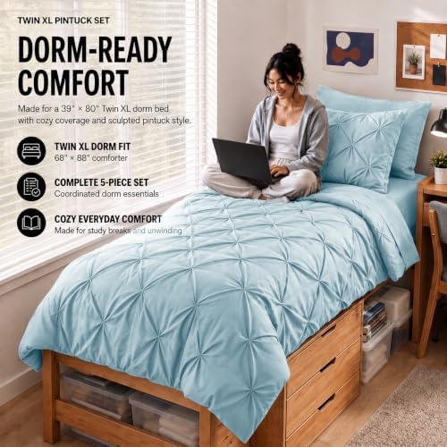 HIMEET Twin XL Comforter Set Light Blue - 5 Pieces Pintuck Bed in a Bag