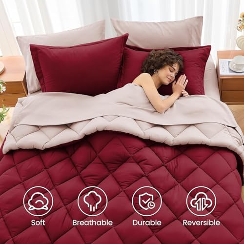 MUXHOMO 7 Pieces King Comforter Set, Reversible Bed in a Bag King Size, All Season Bedding Set with Comforter, Flat Sheet, Fitted Sheet, Pillowcases & Shams, Burgundy & Rose Gold