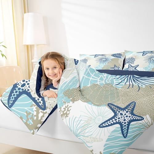 Homewish Ocean Comforter Set King Size,Starfish Shell Coral Sealife Bedding Set 3pcs for Kids Boys Girls Room Decor,Boho Hawaii Style Quilt Set Vintage Navy Blue Duvet Insert with 2 Pillowcases