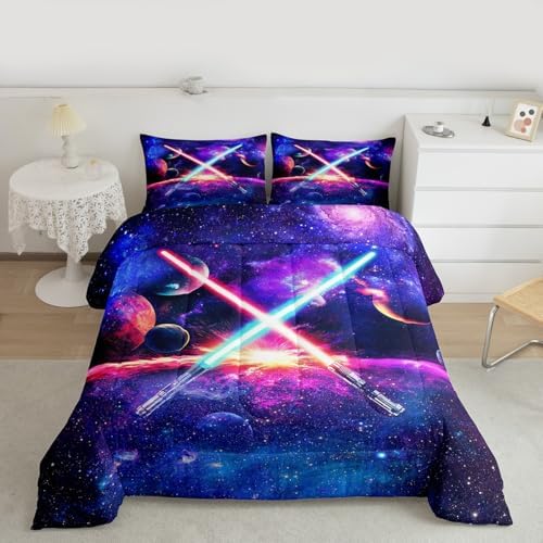 Castle Fairy Light Up Sword Comforter Set King Size Galaxy Universe Planet Bedding Set 3pcs for Kids Boys Girls Room Decor,Watercolor Star Sky Quilt Set Fantasy Duvet Insert with 2 Pillowcases,Purple