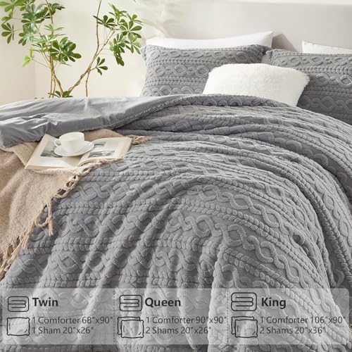 Homelike Moment Fleece Queen Comforter Set Grey, Fluffy Bed Set 3 Piece
