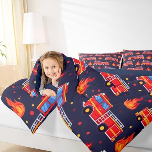 Erosebridal Boys Fire Truck Comforter Set Toddler, Cartoon Red Firemen Car Bedding Set for Kids Teens Men Room Decor, Dark Blue Comforter, Fire Engine Polka Dots Quilt with 1 Pillowcase, 2 Pcs