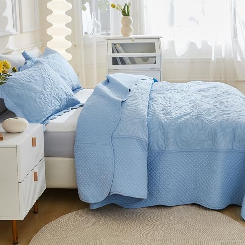 MarCielo 3-Piece 100% Cotton Oversized Bedspread Lightweight Quilt Coverlet Embroidery Farmhouse Bedding Set T0 (Light Blue, Oversized King (118"x106"))
