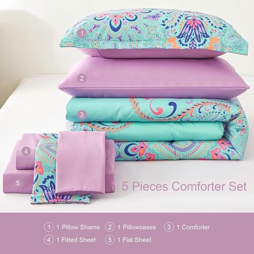 DHSFKBE Twin Comforter Set, 5 Piece Bed in a Bag, Boho Aqua and Lilac Damask Medallion Print Comforter with Sheets, Soft Microfiber Complete Bedding Set for All Season (Aqua, Twin)