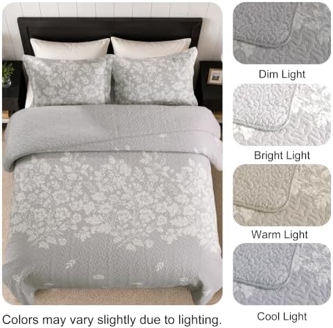 100% Cotton Reversible Floral Quilt Set, Gray, Queen Size, 90x98
