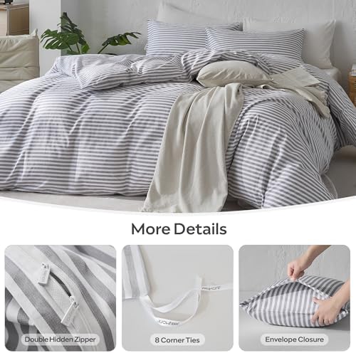 JELLYMONI 100% Cotton Printed Striped Full Duvet Cover Set, Grey