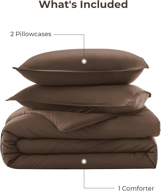 Litanika Brown Comforter Set Full Size, 3 Pieces Lightweight Solid Bedding Comforter Set, All Season Fluffy Bed Set (79x90In Comforter & 2 Pillowcases)