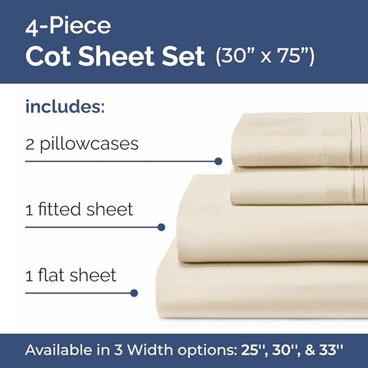 Cot Sheet Set 30” x 75” – 4 Piece Cot Size Narrow Twin Mattress Sheets – Ideal for Camper Bunk, RVs, Bunks, Day Care & Camping - Fits 6” to 10” Mattress, Ultra-Soft, Cozy, Breathable & Cooling - Wheat