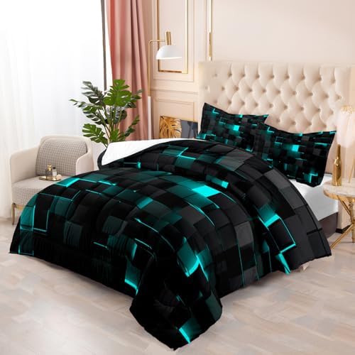 Geometric Turquoise Black Comforter Set,Light Honeycomb 3 Piece Bedding Set Twin Size for Teen Boys,Modern Quilt Set Geometry Decor,Microfiber Lightweight 1 Comforter 2 Pillowcases All Season