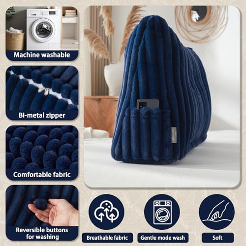 Headboard Pillow + A Long Neck Roll Pillow Body Pillow,Faux Fur Headboard Wedge Pillow with Removable Cover (Blue, King:76x8x20 inches)