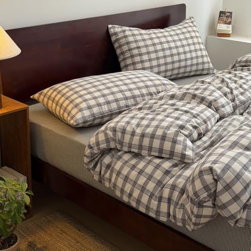 Mucalis Grey Gingham Plaid Duvet Cover King 100% Washed Cotton White Checkered Duvet Cover Set Linen Like Vintage 3 Piece Grid Bedding with Zipper Closure Corner Ties,Durable,Easy Care