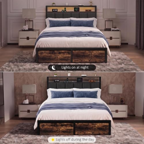 Full Bed Frame with Storage Drawers, Upholstered Headboard with LED Lights and Charging Station, Metal Platform Bed with 2-Tier Storage Shelves, Noise Free, No Box Spring Needed