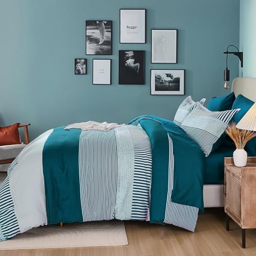Cottolester Comforter Set Queen Size,Teal Green Striped Comforter for Teen