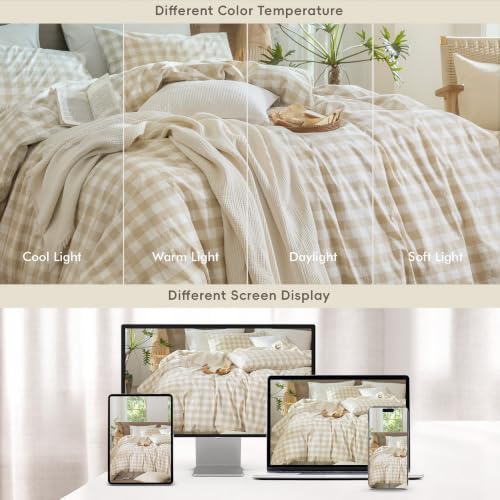 MooMee Gingham Duvet Cover Set 100% Washed Cotton Linen Like