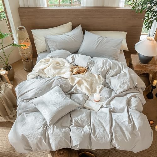 MooMee Wavy Striped Duvet Cover Set 100% Washed Cotton Linen Like Textured Breathable Durable Soft Comfy (Light Grey, King 104"x90")