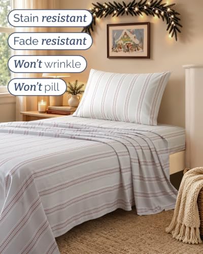 Christmas Sheet Set, Red Dot Stripe, Holiday Xmas Bedding Set - Twin XL