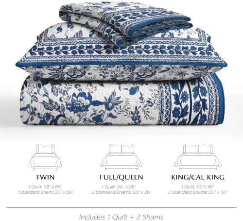 FLYMME Blue and White Vintage Floral Quilt Set King/Cal King Size, 3-Piece Classic Reversible Bedspread Coverlet with 2 Pillow Shams, Lightweight Botanical Bedding Set for All Season