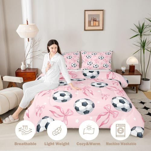 Coquette Soccer Bedding Sets Full Size,Pink Ribbon Bowknot Comforter Set 3Pcs for Kids Girls Boys Youth Room Decor,Cute Stars Pattern Quilted Duvet Sports Bow Game Down Comforter,2 Pillowcases