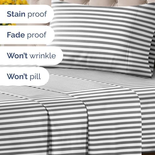 Twin XL 3 Piece Striped Sheet Set - Breathable & Cooling - Black Pinstripe