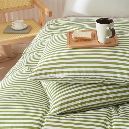 mixinni Striped Comforter Set Full Size - Green White Stripes Pattern Bed Set for All Season, 3 Pieces Lightweight Bedding Sets for All Seasons (1 Soft Fluffy Comforter + 2 Pillowcases)