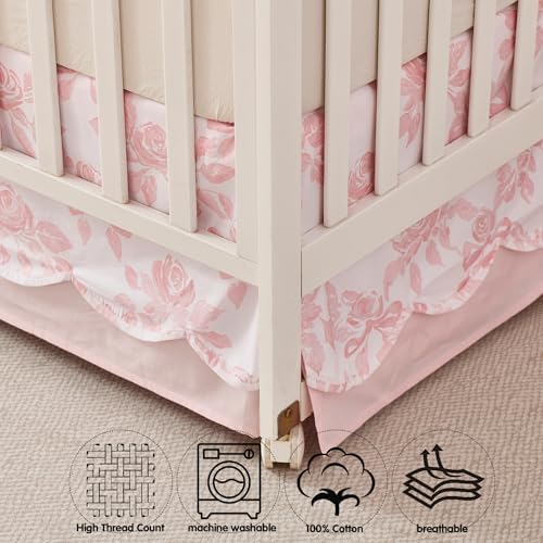 Brandream Scallop Edge Organic Cotton Crib Skirt Girls Toddler Bedskirt Baby Nursery Crib Bed Skirt Double Layer Chic French Country Grandmillennial Rose with Solid Pink Pleated Skirt Dust Ruffle