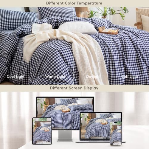 MooMee Gingham Duvet Cover Set 100% Washed Cotton Linen Like