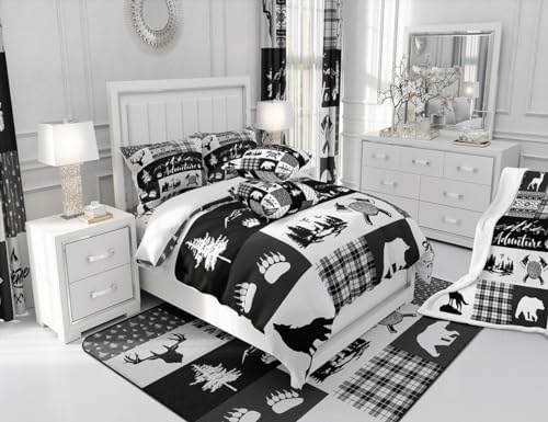 Castle Fairy Hunting Adventure Comforter Set Queen Size,Deer Antler Bear Pine Patchwork Bedding Set for Women Adult,Arrow Lodge Boho Aztec Camper Grid Luxury Bed Duvet Insert, 2 Pillowcases