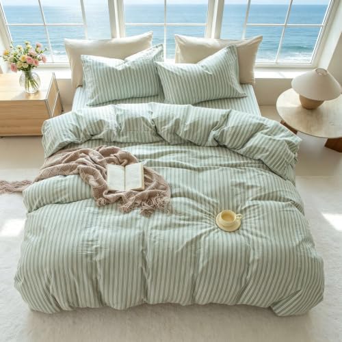 Striped Duvet Cover Set King Size 3 Piece 100% Washed Cotton Linen Like Textured Bedding Comfy Breathable (King, Double Stripe-Sage Green/White)