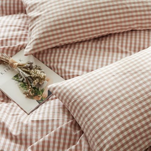 mixinni Pink Gingham Comforter Set King, Plaid Comforter Set 3 Pieces 1 Pink Grid Comfoter with 2 Pillow Cases for All Seasons, Soft Fluffy Modern Grid Pattern Printed Bedding-King Size