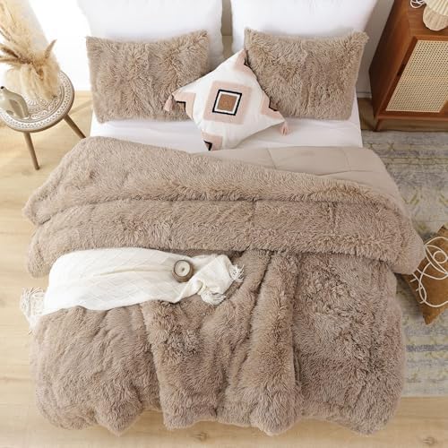 Smoofy Fluffy Twin Comforter Set, Khaki Faux Fur Comforter Set 2 Pieces