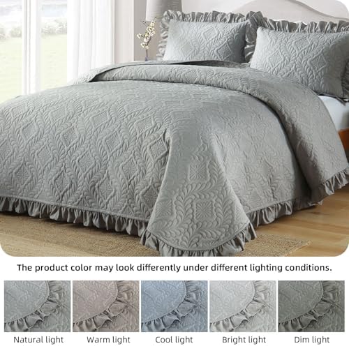 DJY Grey Quilts Queen Size - Ruffled Lightweight Soft Queen Quilt, Reversible Coverlet Bedding Set for All Season 3 Piece (1 Quilt, 2 Pillow Shams)