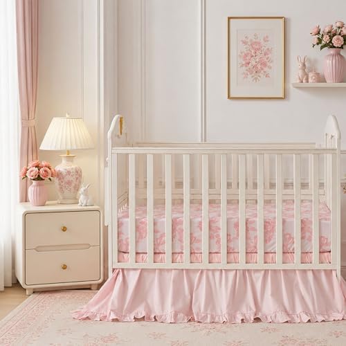 Brandream Organic Cotton Crib Bedding Set for Girls 3 Pieces Baby Boho Ruffled Quilted Comforter with Fitted Sheet, Bed Skirt - Cute French Cottage Botanical Rose Bow Baby Bedding, Light Pink