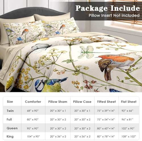 Pamnest Queen Comforter Set with Sheets, 7 Pieces Vintage Birds Bedding