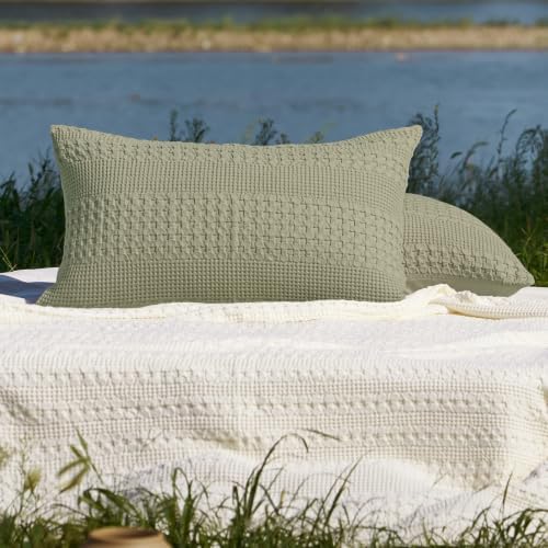 PHF Cotton Waffle Pillow Shams Standard Size 20"x26", Dusty Sage, No Insert