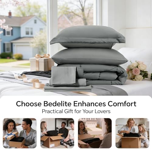 BEDELITE Twin XL Comforter Set 5 Pieces, Solid Dark Grey Bed in A Bag