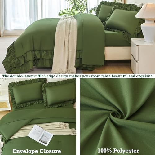 ANGIYUIN Queen Size Comforter Set Olive Green 5 Pieces Ruffle Bedding Sets