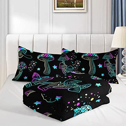 Colorful Mushroom Comforter Set Queen Size Kids Mushroom Butterfly Bedding Set Star Quilt Bed Set for Boys Girls Adults with 1 Comforter and 2 Pillowcases