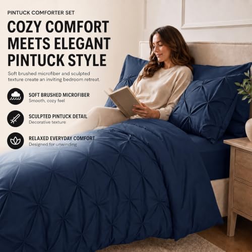 HIMEET Full Size Comforter Set Navy Blue - 7 Pieces Pintuck Bed in a Bag