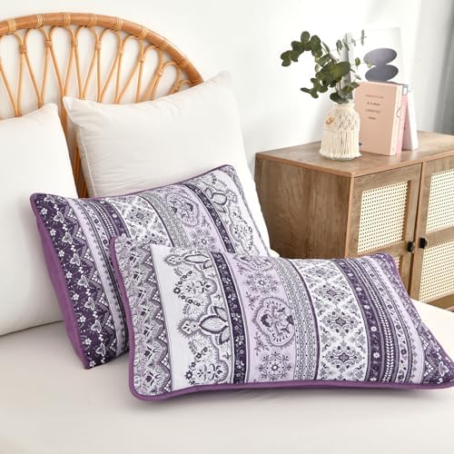 WONGS BEDDING Boho Quilt Queen Size,3 Pieces Purple Bedspread Bedding Set
