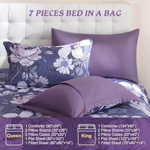 Luxudecor King Comforter Set 7 Pieces Bedding Sets,Grayish Purple Floral Comforter and Sheet Set,Soft Microfiber Bed in a Bag for All Seasons (Grayish Purple,104"x90")