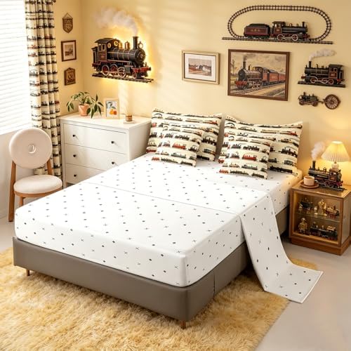 Feelyou Vintage Train Comforter Set Twin Size 7 Pcs Bedding Set Boys Girls