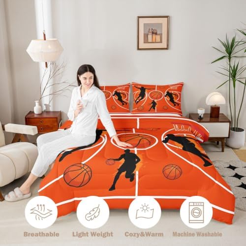 Graffiti Basketball Comforter Set King Size,Orange Court Line Bedding Sets 3Pcs for Teens Adult Woman Men Room Decor,Ball Sports Gaming Quilted Duvet Modern Fashion Down Comforter,2 Pillowcases