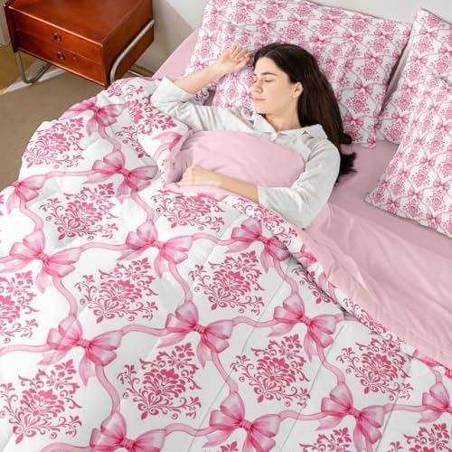 Erosebridal Pink Bow Decor Victorian Queen Comforter Set with Sheets | Antique Damask 7-Piece Bedding Set Gothic Baroque Floral Bow Bed in a Bag, Bohemian Bowknot Bed Sets