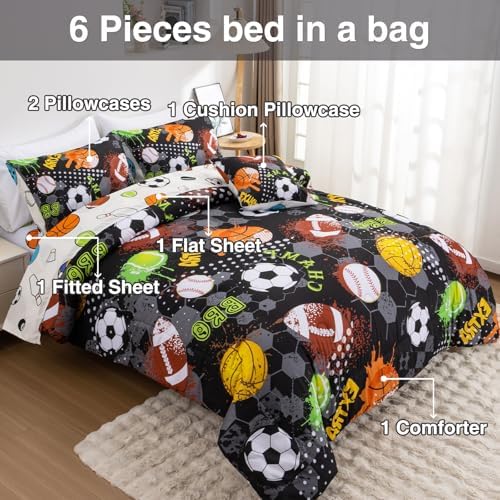 A Nice Night 6Pcs Bed in A Bag Full Sports Microfiber Comforter Set,Black Rugby Ball Basketball Printed Bedding Collections,for Boys Kids Teen