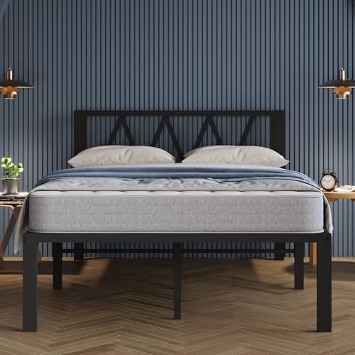 Avenco 18 Inch Full Size Bed Frame with Headboard, Metal Platform Bed Frame, Full Bed Frame No Box Spring Needed, Easy Assembly, Heavy Duty Slats Support, Black